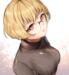 Rule 34 | 1girl, black sweater, blonde hair, bob cut, breasts, closed mouth, eyelashes, from above, glasses, large breasts, lips, looking at viewer, looking to the side, looking up, mole, mole under eye, original, red eyes, rimless eyewear, round eyewear, shichimi, solo, sweater, turtleneck, turtleneck sweater, upper body