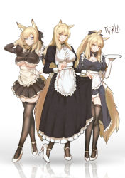 Rule 34 | 3girls, absurdres, alternate costume, animal ear fluff, animal ears, arknights, artist name, aunt and niece, black bow, black dress, black legwear, blemishine (arknights), blonde hair, blue eyes, bow, breasts, cleavage cutout, clothes lift, clothing cutout, commentary, dress, dress lift, elbow gloves, enmaided, full body, gloves, hair bow, high heels, highres, holding, holding tray, horse ears, horse girl, horse tail, huge filesize, large breasts, long hair, looking at viewer, maid, multiple girls, nearl (arknights), reflection, siblings, sidelocks, sisters, skindentation, smile, standing, tail, thick eyebrows, thighhighs, tierla, tray, underboob, very long hair, whislash (arknights), white footwear, white gloves, white wristband, yellow eyes, zettai ryouiki