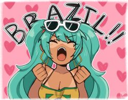 1girl aqua_hair bikini_tan brazil brazilian_flag brazilian_flag_print brazilian_miku diamond_(shape) diamond_earrings earrings eyewear_on_head hair_ornament hatsune_miku heart heart_print jewelry long_hair meribel pink_background shirt sleeveless sleeveless_shirt tan tanline twintails very_long_hair vocaloid white-framed_eyewear world_is_mine_(vocaloid)