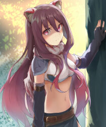 Rule 34 | 1girl, animal ear fluff, animal ears, arm at side, belt, black gloves, black hair, breasts, brown belt, closed mouth, corruption, cowboy shot, crop top, day, elbow gloves, fingerless gloves, fur scarf, glaring, gloves, gradient hair, hair between eyes, hand up, highres, long hair, looking at viewer, medium breasts, midriff, multicolored hair, navel, outdoors, princess connect!, red eyes, red hair, shiori (princess connect!), shoulder plates, shuucream (syuichi), sideways glance, skirt, solo, standing, tree