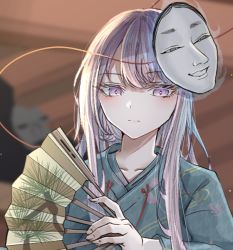 Rule 34 | 1girl, alternate costume, blurry, blurry background, bright pupils, closed mouth, folding fan, green kimono, hand fan, hata no kokoro, hegata (hegatia lapis), holding, holding fan, japanese clothes, kimono, long hair, long sleeves, looking at viewer, mask, mask on head, pink hair, solo, touhou, upper body, white pupils