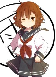 Rule 34 | &gt;;), 10s, 1girl, ;), bad id, bad pixiv id, brown eyes, brown hair, fang, fang out, hair ornament, hairclip, highres, ikazuchi (kancolle), kantai collection, one eye closed, pantyhose, personification, school uniform, serafuku, short hair, skirt, smile, solo, v-shaped eyebrows, yukichi (eikichi)