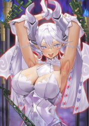 Rule 34 | 1girl, armpits, breasts, cleavage, demon girl, demon horns, demon wings, dress, duel monster, gloves, grey eyes, highres, horns, large breasts, looking at viewer, lovely labrynth of the silver castle, low wings, pointy ears, sayaka ikku, smile, solo, twintails, white hair, white horns, wings, yu-gi-oh!
