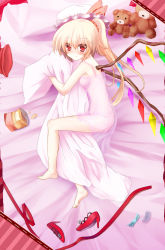 Rule 34 | 1girl, bad id, bad pixiv id, barefoot, bed, blanket, blonde hair, blush, bow, candy, chemise, chips (food), dx (dekusu), embodiment of scarlet devil, female focus, flandre scarlet, food, hat, hat bow, high heels, highres, ikuodx, looking at viewer, lying, on side, pillow, red eyes, ribbon, see-through, shoes, side ponytail, solo, stuffed animal, stuffed toy, teddy bear, touhou, wings