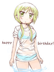 Rule 34 | 1girl, bikini, bikini under clothes, birthday, blonde hair, english text, happy birthday, highres, ichii yui, looking at viewer, see-through, solo, swimsuit, swimsuit under clothes, twintails, wading, wet, wet clothes, yellow eyes, yuyushiki, zumo