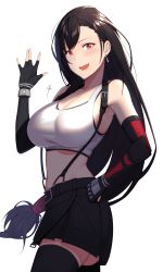 Rule 34 | 1girl, :d, absurdres, black hair, black skirt, black thighhighs, bracer, breasts, cleavage, crop top, earrings, final fantasy, final fantasy vii, final fantasy vii remake, hand on own hip, hand up, highres, jewelry, large breasts, long hair, looking at viewer, low-tied long hair, midriff, miniskirt, navel, open hand, open mouth, raise094, red eyes, simple background, skirt, smile, solo, stomach, suspender skirt, suspenders, tank top, teeth, thighhighs, tifa lockhart, upper teeth only, very long hair, white background, white tank top, zettai ryouiki