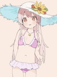 Rule 34 | 1girl, bare arms, bare shoulders, bikini, braid, brown background, brown eyes, brown hair, collarbone, commentary request, flower, frilled bikini, frills, genderswap, genderswap (mtf), hat, hat flower, highres, long hair, looking at viewer, navel, onii-chan wa oshimai!, oyama mahiro, parted lips, pink bikini, red flower, seramikku, simple background, single braid, smile, solo, straw hat, swimsuit, very long hair, white hat, yellow flower