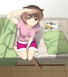 Rule 34 | 1girl, barefoot, bed, feet, handheld game console, legs, mattaku mousuke, nintendo ds, original, pillow, shorts, solo, spread toes, toes