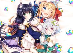 Rule 34 | 3girls, :d, ;d, animal ear fluff, animal ears, antenna hair, arm up, bare shoulders, bed sheet, black hair, black legwear, blonde hair, blue eyes, blue sleeves, blush, breasts, cat ears, cat girl, cat tail, cleavage, closed mouth, commentary request, detached sleeves, dress, flower, frilled skirt, frills, girl sandwich, gloves, green dress, green eyes, hair between eyes, hair flower, hair ornament, hair ribbon, karyl (princess connect!), kokkoro (princess connect!), large breasts, long sleeves, lying, multicolored hair, multiple girls, on back, one eye closed, open mouth, pecorine (princess connect!), pleated skirt, pointy ears, princess connect!, puffy long sleeves, puffy short sleeves, puffy sleeves, purple skirt, red eyes, red ribbon, ribbon, rinringyo, sandwiched, see-through, see-through silhouette, shirt, short sleeves, skirt, sleeveless, sleeveless dress, sleeveless shirt, smile, streaked hair, tail, thighhighs, tiara, white flower, white gloves, white hair, white shirt, white skirt