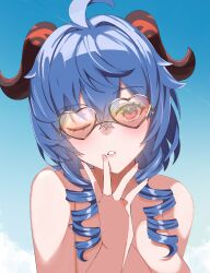 Rule 34 | 1girl, ahoge, bare shoulders, blue hair, drill hair, drill sidelocks, ganyu (genshin impact), genshin impact, hair intakes, head tilt, heart, heart-shaped eyewear, highres, looking at viewer, parted lips, sidelocks, solo, sylux, upper body