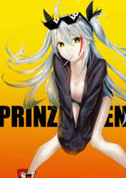 Rule 34 | 1girl, :p, absurdres, ahoge, azur lane, black jacket, blue shorts, breasts, character name, cleavage, collarbone, eyewear on head, floating hair, gradient background, hair between eyes, highres, jacket, leaning forward, long hair, looking at viewer, medium breasts, mouth hold, multicolored hair, nishibi mitsuba, open clothes, open jacket, orange background, orange eyes, prinz eugen (azur lane), short shorts, shorts, silver hair, sleeves past wrists, smile, solo, standing, streaked hair, sunglasses, tongue, tongue out, torn clothes, torn shorts, twintails, two side up, very long hair, yellow background