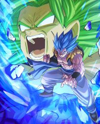Rule 34 | 2boys, abs, absurdres, aura, blue aura, blue eyes, blue hair, broly (dragon ball super), chiro illust, commentary request, debris, dragon ball, dragon ball super, dragon ball super broly, gogeta, green hair, highres, multiple boys, muscular, muscular male, no pupils, open mouth, pants, pectorals, smile, white pants