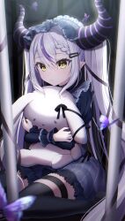 Rule 34 | 1girl, absurdres, black dress, black thighhighs, demon horns, dress, grey hair, hair ornament, hairpin, highres, hololive, horns, hugging doll, hugging object, la+ darknesss, lolita fashion, long hair, mia (mk2022), multicolored hair, pointy ears, purple hair, solo, streaked hair, thigh strap, thighhighs, twintails, very long hair, virtual youtuber, yellow eyes