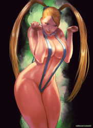 Rule 34 | 1girl, blonde hair, blue eyes, breasts, capcom, cleavage, collar, curvy, detached collar, frilled collar, frills, hair ornament, hair scrunchie, hip focus, large breasts, legs, long hair, navel, no mask, rainbow mika, rejean dubois, scrunchie, slingshot swimsuit, solo, standing, street fighter, swimsuit, thick thighs, thighs, twintails, wide hips