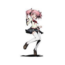 Rule 34 | 10s, 1girl, black skirt, bow, bowtie, divine gate, full body, hair ribbon, kaname madoka, long hair, looking at viewer, mahou shoujo madoka magica, mahou shoujo madoka magica (anime), official art, open mouth, pink eyes, pink hair, pleated skirt, red bow, red ribbon, ribbon, school uniform, shadow, short twintails, skirt, solo, thighhighs, transparent background, twintails, ucmm, white thighhighs, zettai ryouiki