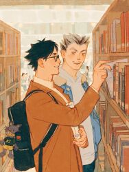 Rule 34 | 2boys, akaashi keiji, backpack, bag, black bag, black hair, blue eyes, blue jacket, bokuto koutarou, book, bookshelf, brown coat, brown eyes, chengongzi123, coat, collared coat, collared shirt, commentary, english commentary, fur-trimmed jacket, fur trim, glasses, grey hair, grey hoodie, haikyuu!!, hand up, hands in pockets, highres, holding, holding book, hood, hoodie, indoors, jacket, library, long sleeves, looking at viewer, looking to the side, male focus, multicolored hair, multiple boys, open mouth, shirt, short hair, standing, streaked hair, stuffed animal, stuffed toy, thick eyebrows, upper body, very short hair