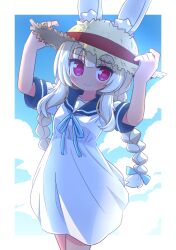 Rule 34 | 1girl, animal ear fluff, animal ears, arms up, blonde hair, blue bow, blue ribbon, blue sailor collar, blue sky, bow, braid, breasts, brown hat, closed mouth, cloud, collarbone, commentary, cowboy shot, day, dress, ears through headwear, etrian odyssey, hair bow, hands on headwear, hat, heart, heart-shaped pupils, highres, looking at viewer, masurao (sekaiju), masurao 2 (sekaiju), naga u, neck ribbon, pink eyes, rabbit ears, rabbit girl, ribbon, sailor collar, sailor dress, sekaiju no meikyuu, sekaiju no meikyuu 5, short dress, short sleeves, sky, small breasts, smile, solo, straw hat, symbol-shaped pupils, thick eyebrows, twin braids, white dress