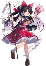 Rule 34 | 1girl, ascot, bare shoulders, black hair, blush, bow, brown footwear, closed mouth, detached sleeves, frilled hair tubes, frills, full body, gohei, gunjou row, hair bow, hair tubes, hakurei reimu, highres, japanese clothes, long hair, nontraditional miko, ofuda, red bow, red eyes, ribbon-trimmed sleeves, ribbon trim, shoes, sidelocks, simple background, smile, socks, solo, touhou, transparent background, twitter username, unfinished dream of all living ghost, white background, white sleeves, white socks, wide sleeves, yellow ascot