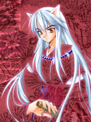 Rule 34 | 1boy, animal ears, bad id, bad pixiv id, dog ears, fingernails, flower, inuyasha, inuyasha (character), ito, jewelry, long fingernails, long hair, male focus, necklace, red theme, silver hair, solo, sword, weapon, yellow eyes