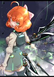 Rule 34 | 1girl, :d, ahoge, black thighhighs, bow, commentary, curly hair, freckles, from behind, gazacy (dai), green eyes, hair bow, high-waist skirt, highres, juliet sleeves, letterboxed, long sleeves, looking at viewer, looking back, open mouth, orange hair, penny polendina, pink bow, power symbol, puffy sleeves, rwby, shirt, short hair, skirt, smile, solo, sword, thighhighs, v-shaped eyebrows, weapon, white shirt