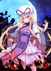 Rule 34 | 1girl, :d, backlighting, blonde hair, blush, bow, breasts, dress, finger to mouth, full moon, hair bow, hands up, hat, hat ribbon, index finger raised, juliet sleeves, kouzuki tsubasa (musou kaidou), large breasts, layered dress, long hair, long sleeves, looking at viewer, low-tied long hair, md5 mismatch, mob cap, moon, moonlight, multicolored eyes, night, night sky, open mouth, puffy sleeves, red bow, red eyes, red ribbon, resolution mismatch, ribbon, shushing, sidelocks, sky, smile, solo, source smaller, star (sky), starry sky, straight hair, tabard, touhou, very long hair, white hat, wide sleeves, yakumo yukari, yellow eyes
