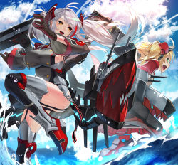 Rule 34 | 2girls, :d, admiral hipper (azur lane), antenna hair, azur lane, black footwear, black gloves, black legwear, blonde hair, blue sky, blush, boots, breasts, brown eyes, cannon, cloud, cloudy sky, commentary request, cross, day, dress, garter straps, gloves, green eyes, grey dress, highres, iron cross, large breasts, long hair, long sleeves, multicolored hair, multiple girls, ocean, open mouth, outdoors, prinz eugen (azur lane), red footwear, red hair, scottie (phantom2), sideboob, silver hair, sky, smile, standing, standing on one leg, streaked hair, teeth, thigh boots, thighhighs, turret, twintails, two side up, upper teeth only, very long hair, water, wide sleeves