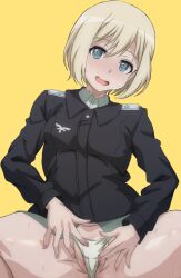Rule 34 | 1girl, arobiro, black jacket, blonde hair, blue eyes, erica hartmann, highres, jacket, military, military uniform, panties, presenting, pussy, shirt, short hair, solo, spread legs, strike witches, swimsuit, underwear, uniform, white panties, white shirt, world witches series, yellow background