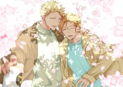 Rule 34 | 2boys, 961 masashi, beard, blonde hair, blue sweater, brown coat, can, cherry blossoms, coat, facial hair, falling petals, floral background, given, green eyes, green sweater, holding, holding can, kaji akihiko, male focus, multiple boys, nakayama haruki, one eye closed, open clothes, open coat, open mouth, petals, simple background, sweater, tree shade, white background, yellow eyes