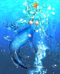Rule 34 | 1girl, akira (meltyhip), blue background, closed mouth, coral, core, hair between eyes, hair over one eye, highres, jewelry, looking at viewer, mermaid, monster girl, navel, necklace, pixiv fantasia, pixiv fantasia last saga, seashell, shell, shell bikini, slime girl, solo, starfish hair ornament, see-through body, underwater