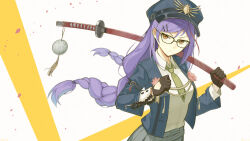 Rule 34 | 1girl, akafuyu (arknights), akafuyu (temperament) (arknights), arknights, bespectacled, blue hat, blue jacket, braid, clenched hand, collared shirt, commentary, cowboy shot, frown, glasses, green necktie, grey skirt, hair ornament, hairclip, hat, head tilt, highres, holding, holding sword, holding weapon, jacket, looking at viewer, military hat, necktie, official alternate costume, petals, purple hair, sheath, sheathed, shirt, simple background, skirt, solo, sword, twin braids, twintails, weapon, white background, white shirt, zhadao lza
