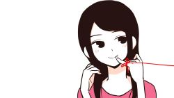 Rule 34 | 1girl, black hair, blush, facing viewer, finger to mouth, highres, long hair, looking to the side, original, pink shirt, pinky to mouth, poaro, shirt, simple background, smile, solo, string, string of fate, string on pinky, white background