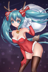 Rule 34 | 1girl, antlers, aqua eyes, aqua hair, bell, breasts, christmas, collar, collarbone, covered navel, elbow gloves, gloves, hatsune miku, highres, horns, leaning forward, long hair, natsuki tanotano, neck bell, red gloves, sack, santa costume, snowflakes, solo, thighhighs, twintails, very long hair, vocaloid