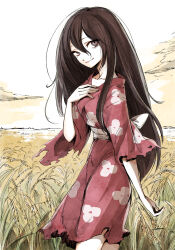 Rule 34 | 1girl, black hair, commentary request, dororo (tezuka), grey eyes, guest art, highres, igarashi ran (igatz), japanese clothes, kimono, long hair, looking at viewer, mio (dororo), outdoors, rice (plant), rice paddy, sky, smile, solo, very long hair
