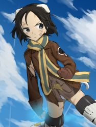 Rule 34 | 1girl, animal ears, bandaid, bandaid on face, black eyes, black hair, blood, brave witches, brown gloves, brown jacket, brown shirt, clenched hands, closed mouth, cloud, cloudy sky, crotch seam, damaged, day, emblem, energy, fankupl, flying, frown, gloves, half-closed eye, highres, injury, jacket, kanno naoe, looking at viewer, military, military uniform, multicolored clothes, multicolored scarf, no pants, panties, scarf, scratches, shirt, short hair, sky, solo, striker unit, striped clothes, striped scarf, sweat, tail, torn clothes, torn jacket, underwear, uneven eyes, uniform, v-shaped eyebrows, white panties, wind, world witches series