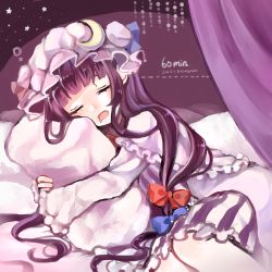 Rule 34 | 1girl, bad id, bad twitter id, bed, blue ribbon, bow, closed eyes, crescent, crescent hair ornament, dress, frilled dress, frilled sleeves, frills, hair ornament, hair ribbon, hat, hat ribbon, highres, hugging object, kashu!, long hair, mob cap, open mouth, pajamas, patchouli knowledge, pillow, pillow hug, purple hair, red bow, red ribbon, ribbon, sleeping, solo, striped clothes, striped dress, touhou, tress ribbon, very long hair