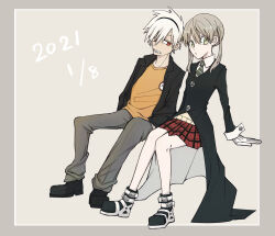 Rule 34 | 1boy, 1girl, black jacket, blonde hair, cardigan, collared shirt, dated, gloves, green eyes, green necktie, hands in pockets, headband, highres, jacket, maka albarn, necktie, open clothes, open jacket, plaid, plaid skirt, red eyes, shirt, sitting, skirt, soul eater, soul evans, striped necktie, twintails, user yddr3472, white hair, yellow shirt