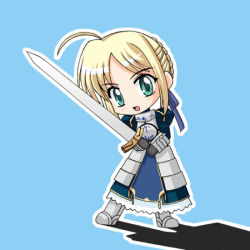 Rule 34 | 00s, 1girl, ahoge, armor, armored dress, artoria pendragon (all), artoria pendragon (fate), blonde hair, blue background, dress, fate/stay night, fate (series), green eyes, holding, holding sword, holding weapon, saber (fate), shadow, simple background, solo, sword, weapon