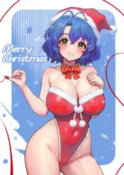 Rule 34 | 1girl, alternate costume, antenna hair, bare shoulders, blue hair, blush, breasts, c (theta), cameltoe, cleavage, covered navel, fur-trimmed leotard, fur trim, groin, hat, highleg, highleg leotard, highres, idolmaster, idolmaster million live!, large breasts, leotard, looking at viewer, merry christmas, red leotard, santa hat, smile, solo, string, string of fate, toyokawa fuka, yellow eyes