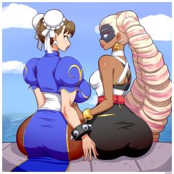 Rule 34 | 2girls, absurdres, arms (game), artist request, ass, ass focus, blouse, blue sky, bracelet, breasts, brown hair, bun cover, capcom, chun-li, cloud, crossover, dark-skinned female, dark skin, double bun, earrings, female focus, hair bun, highres, huge ass, jewelry, large breasts, mask, medium breasts, multicolored hair, multiple girls, nintendo, pink hair, shirt, sitting, sky, spiked bracelet, spikes, street fighter, twintelle (arms), two-tone hair, water, white shirt