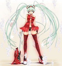 Rule 34 | 1girl, breasts, center opening, character name, electric guitar, fingerless gloves, gloves, guitar, hatsune miku, headphones, headset, high heels, highres, hissatsukun (ngqpb556), instrument, jewelry, long hair, necklace, shoes, solo, striped clothes, striped thighhighs, thighhighs, twintails, very long hair, vocaloid