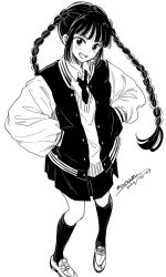 Rule 34 | 1girl, :d, artist name, blush, braid, buttons, collared shirt, commentary, dated, full body, greyscale, hands in pockets, happy, kneehighs, loafers, long hair, long sleeves, looking at viewer, miniskirt, monochrome, necktie, open clothes, open mouth, open vest, original, pleated skirt, school uniform, shirt, shoes, sidelocks, signature, simple background, skirt, smile, socks, solo, standing, sugano manami, sweater, teeth, twin braids, upper teeth only, vest, white background