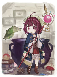 Rule 34 | 1girl, ahoge, aoki shizumi, atelier (series), atelier sophie, blue coat, bomb, book, book stack, boots, brown footwear, cauldron, coat, collared coat, corset, explosive, full body, gem, head scarf, highres, holding, holding staff, indoors, jewelry, long sleeves, necklace, picture frame, plachta, red eyes, red hair, red skirt, short hair, skirt, sophie neuenmuller, staff, standing, wide sleeves