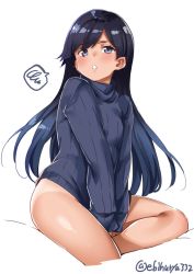 Rule 34 | 1girl, alternate costume, black hair, blue eyes, blue sweater, blush, breasts, ebifurya, highres, i-400 (kancolle), kantai collection, long hair, looking at viewer, naked sweater, no panties, open mouth, simple background, small breasts, solo, sweater, tan, tanline, white background