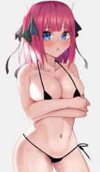 Rule 34 | 1girl, alternate costume, amog, bikini, black bikini, black ribbon, blue eyes, blunt bangs, blush, breast hold, breasts, butterfly hair ornament, collarbone, commentary request, go-toubun no hanayome, grey background, groin, hair ornament, highres, large breasts, looking at viewer, medium hair, micro bikini, nakano nino, navel, open mouth, pink hair, raised eyebrows, ribbon, side-tie bikini bottom, simple background, solo, stomach, swimsuit, thighs, two side up