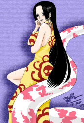Rule 34 | 1girl, black hair, blush, boa hancock, china dress, chinese clothes, dress, earrings, female focus, highres, jewelry, jolly roger, long hair, looking at viewer, one piece, pirate, print dress, salome (one piece), snake, yellow dress