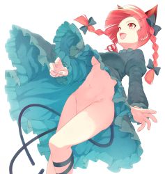 Rule 34 | 1girl, animal ears, blunt bangs, bow, braid, breasts, cat ears, cat tail, clothes lift, colored eyelashes, dress, dress lift, extended upskirt, fang, female focus, from below, green bow, green dress, hair bow, highres, juliet sleeves, kaenbyou rin, leg ribbon, long hair, long sleeves, medium breasts, mikoma sanagi, multiple tails, navel, no bra, no panties, open mouth, puffy sleeves, red eyes, red hair, ribbon, simple background, skin fang, smile, solo, standing, stomach, tail, thighs, touhou, twin braids, two tails, underboob, upshirt, upskirt, white background, wind, wind lift