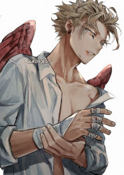 Rule 34 | 1boy, artist name, bandages, bandaged hand, bandages, blonde hair, blood, blood on face, boku no hero academia, bruise, bruise on face, collarbone, collared shirt, ear piercing, earrings, eyebrows, eyeliner, facial hair, feathered wings, fingernails, hawks (boku no hero academia), injury, jewelry, kadeart, looking down, makeup, off shoulder, open clothes, open shirt, pale skin, piercing, red wings, shirt, short hair, simple background, sleeves rolled up, stubble, twitter username, watermark, white background, white shirt, wings, yellow eyes