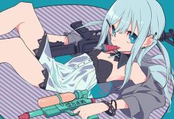 1girl blue_eyes blue_hair bracelet candy chain chain_bracelet cross_ornament detached_collar earrings food gun hair_ornament hairpin holding holding_water_gun jewelry lollipop loose_clothes machine_gun mochizuki_kei original safety_pin_earring spiked_bracelet spikes swim_ring water_gun weapon