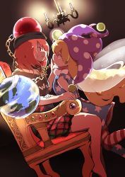 Rule 34 | 2girls, absurdres, american flag dress, american flag legwear, bad id, bad pixiv id, bare shoulders, black background, black shirt, blonde hair, candle, chain, chair, chandelier, clothes writing, clownpiece, commentary request, dress, earth (ornament), eye contact, fairy wings, from side, hat, hecatia lapislazuli, highres, jester cap, long hair, looking at another, multicolored clothes, multicolored skirt, multiple girls, neck ruff, off-shoulder shirt, off shoulder, pantyhose, pink eyes, polka dot, purple headwear, red eyes, red hair, shinentai a, shirt, short dress, simple background, sitting, skirt, sleeveless, sleeveless dress, star (symbol), striped, t-shirt, touhou, transparent wings, very long hair, wings, yuri