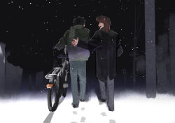Rule 34 | 2boys, bicycle, black coat, black hair, brown hair, coat, commentary, footprints, from behind, full body, green jacket, grey pants, hand on another&#039;s back, highres, ichijou seiya, jacket, kaiji, looking at another, male focus, medium hair, multiple boys, night, open mouth, outdoors, pants, power lines, pushing bicycle, short hair, smile, snow, snowing, utility pole, walking, xt1125cj